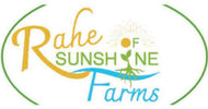 A stylized logo reading 'Rahe of Sunshine Farms' with green circular arcs framing the design, a yellow sun icon, and blue and green text on a white background.